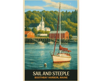 Boothbay Harbor Maine Canvas Print: Vintage Sailboat and Church Art