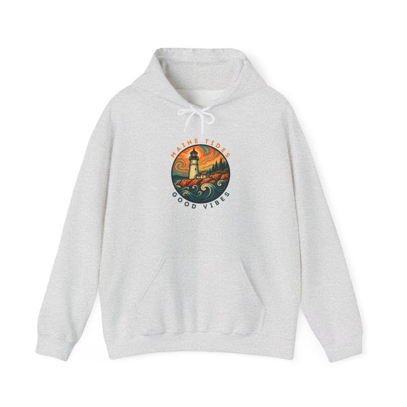 Colorful Maine Lighthouse Sweatshirt, Retro Coastal Hoodie, Psychedelic Ocean Wave Pullover, Vintage Nautical Gift for Beach Lovers image 5