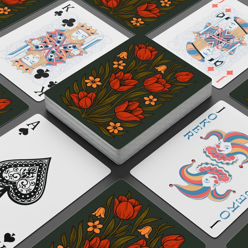 Maine Wildflower Playing Cards, Botanical Card Deck, Dark Cottagecore Floral Design, Nature Art Poker Cards, Rustic Illustrated Tulip Cards image 3
