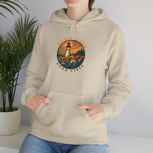 Colorful Maine Lighthouse Sweatshirt, Retro Coastal Hoodie, Psychedelic Ocean Wave Pullover, Vintage Nautical Gift for Beach Lovers image 4