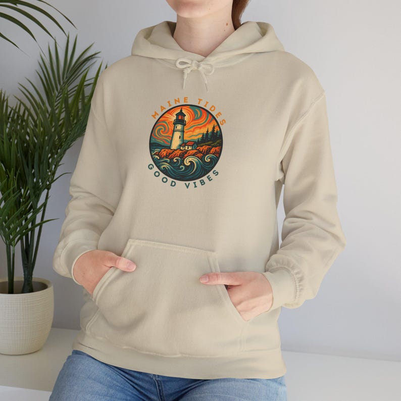 Colorful Maine Lighthouse Sweatshirt, Retro Coastal Hoodie, Psychedelic Ocean Wave Pullover, Vintage Nautical Gift for Beach Lovers image 4