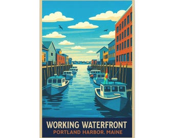 Working Waterfront - Portland Harbor Maine Wall Art | Retro Travel Poster Canvas Print