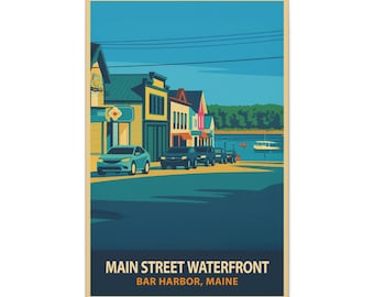 Bar Harbor Maine Wall Art - Retro Main Street Waterfront Travel Poster Canvas Print