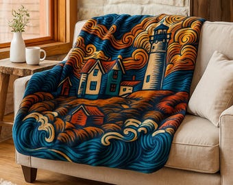 Koc polarowy Maine Lighthouse Sherpa, lekki koc Nubble Coastal