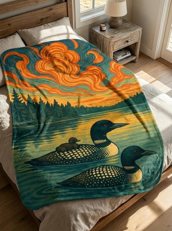 Loon Family Fleece Sherpa Blanket, Sunset Lake Nature Throw, Wildlife Bird Lover Home Decor