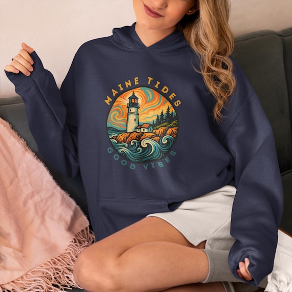 Colorful Maine Lighthouse Sweatshirt, Retro Coastal Hoodie, Psychedelic Ocean Wave Pullover, Vintage Nautical Gift for Beach Lovers