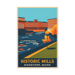 Historic Mills Biddeford Maine Wall Art | Retro Travel Canvas Print