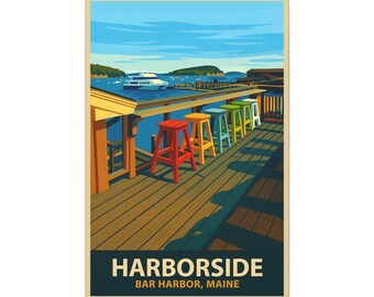 Harborside Bar Harbor Maine Wall Art - Retro Waterfront Travel Poster Canvas Print