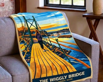 Coperta in pile con motivo Wiggly Bridge del Maine, coperta in pile Sherpa con grafica del porto di York, coperta da viaggio retrò, coperta con grafica del Maine
