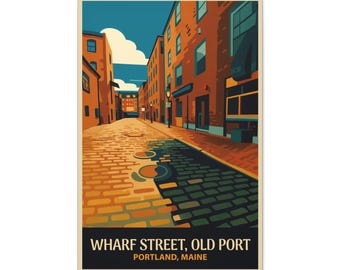 Portland Maine Canvas Print: Retro Wharf Street Coastal Wall Art