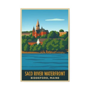 Saco River Waterfront - Biddeford Maine Wall Art | Retro Canvas Travel Print