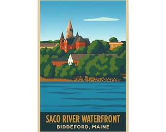Saco River Waterfront - Biddeford, Maine kunst aan de muur | Retro canvas reisafdruk