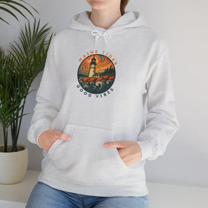 Colorful Maine Lighthouse Sweatshirt, Retro Coastal Hoodie, Psychedelic Ocean Wave Pullover, Vintage Nautical Gift for Beach Lovers image 2