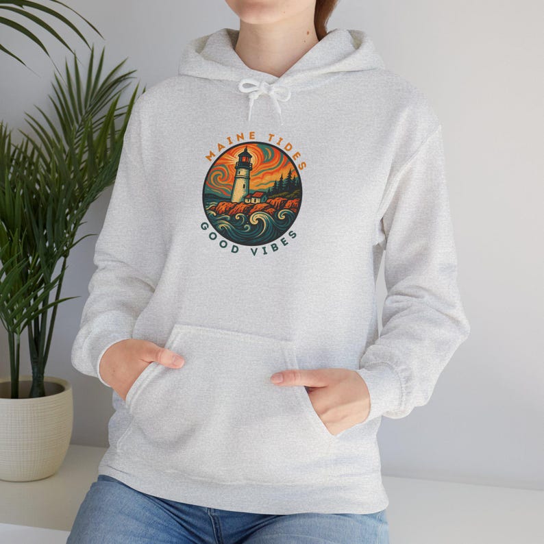Colorful Maine Lighthouse Sweatshirt, Retro Coastal Hoodie, Psychedelic Ocean Wave Pullover, Vintage Nautical Gift for Beach Lovers image 2