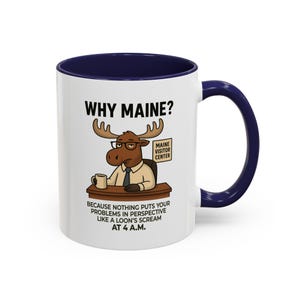 Funny Maine Coffee Mug: Moose Cartoon, Loon Scream - Novelty Souvenir