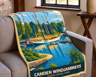 Camden Windjammers Camden Harbor Maine Retro Travel Graphic Blanket - Sherpa Fleece Throw