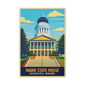 Maine State House - Augusta Maine Wall Art | Retro Travel Poster Canvas Print