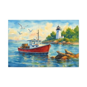 Maine Coastal Watercolor Print: Lobster Boat & Lighthouse