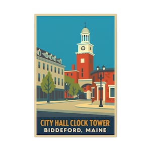 City Hall Clock Tower - Biddeford Maine Wall Art | Retro Downtown Canvas Travel Poster