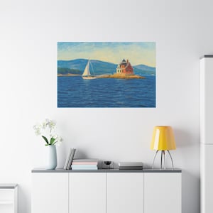 Maine Wall Art Painting – Sailboat near Rockland Breakwater Lighthouse – Maine Digital Art Painting, Maine Digital Art, Nautical Home Decor