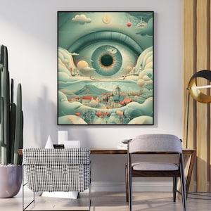 Dreamsight | Surreal Eye Fantasy Art Print | Whimsical Village Landscape | Dreamscape Wall Decor | Magical Subconscious Illustration