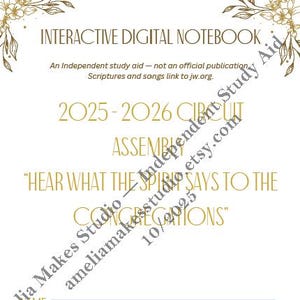 Puede incluir: Cuaderno digital blanco con texto dorado y detalles florales. El texto incluye "Interactive Digital Notebook", "2025-2026 Circuit Assembly" y "Hear What the Spirit Says to the Congregations". Incluye líneas para rellenar para nombre, congregación y fecha.