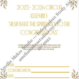 Puede incluir: Documento blanco con texto dorado y diseños florales en las esquinas. El texto dice "Asamblea de Circuito 2025-2026" y "Oigan lo que el espíritu dice a las congregaciones". Incluye líneas para nombre, congregación y fecha.