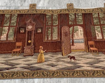 アンティークフランスタペストリー：絵画的風景、中世の装飾（85 x 48