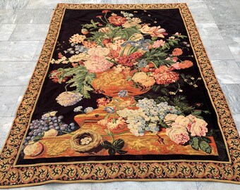 Large French Multicolor Flowers Tapestry Wall Hanging: Vintage Home Decor (202x145 cm)