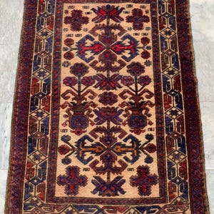 Puede incluir: Alfombra rectangular con un campo central beige con intrincados patrones geométricos y florales en tonos rojos, azules y marrones. La alfombra tiene un borde oscuro con diseños geométricos repetidos y bordes con flecos.