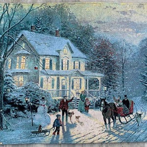 Vintage French Pictorial Tapestry Wall Hanging: Winter View, 2x3 ft