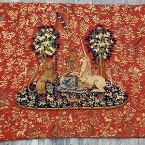 Vintage French Tapestry: Lady and Unicorn, Home Decor Wall Hanging (3x4 ft, 128x105 cm)