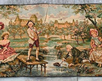 French Pictorial Tapestry: Vintage Wall Hanging, Romantic Home Decor (137x45 cm)