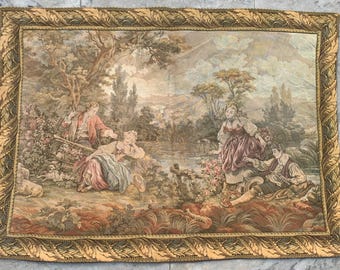 Vintage French Pictorial Tapestry: River Side Romantic view Home Decor Wall Hanging (3x4 ft)