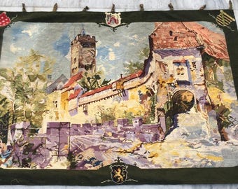 アンティークフランスタペストリー：絵画的風景、中世の装飾（85 x 48