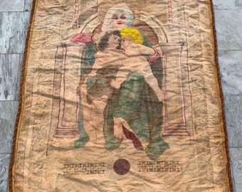 French Century Old Hand Painted Cloth Tapestry: Antique Wall Hanging (175x115 cm)