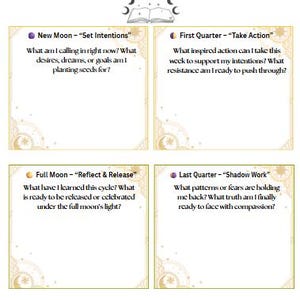 Pode incluir: Um diário intitulado "Moon Phase Journal" com quatro seções para reflexão: Lua Nova, Quarto Crescente, Lua Cheia e Quarto Minguante. Cada seção inclui perguntas para autorreflexão. O diário apresenta ilustrações das fases da lua.