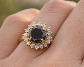 14KT Yellow Gold Ring With Studded Natural Black Diamond and Natural Australian Opal Round