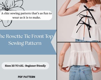 Rosette Tie Front Peplum Top Sewing Pattern: Women's Sizes XS-5XL (PDF Pattern A4/US Letter)
