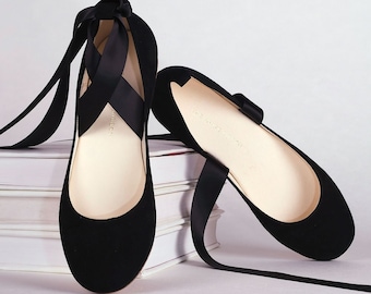 SIENNA Black Nubuck Ballet Flats with Long Lace Up Ribbons