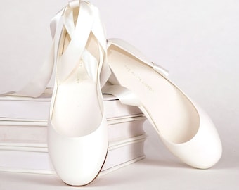 Ivory bridal ballet flats with long satin ribbons・Sienna in Light Ivory