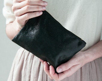 Black Makeup Purse, Best Friend Gift, Mom's Gift, elegant leather clutch, travel purse・Noa in Midnight Black