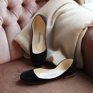 Black Nubuck Ballet Flats, Black Velvet Shoes, Ballerina Style Shoes, Pointe Shoes, Flat Dance Shoes・ Mila in Black Nubuck