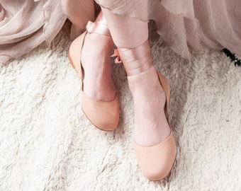 Blush Bridal Ballet Flats, Pastel Rose Wedding Shoes Satin Ribbons & Ankle Straps・Luna in Blush Nubuck