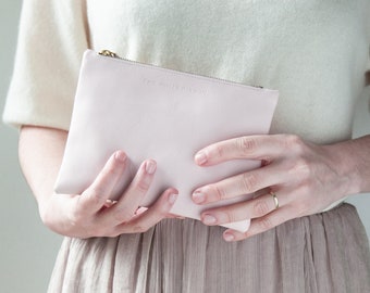 Blush Leather Wedding Clutch: Brass Zip Cosmetic Purse