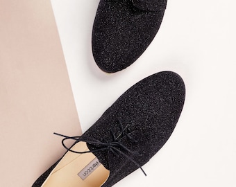 Black Sparkle Leather Oxford Shoes: Handmade Derby Shoes
