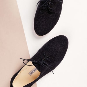 Black Sparkle Leather Oxford Shoes: Handmade Derby Shoes