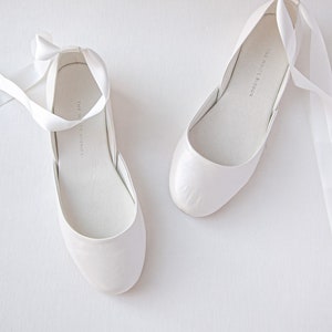 Ivory Wedding Ballet Flats, Shoes for Brides, Bridal Mary Janes with Satin Ribbons & Ankle AtrapsLuna in Pearl Ivory image 6