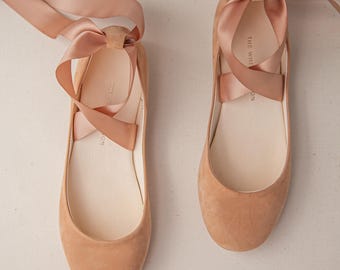 Blush Nubuck Bridal Ballet Flats: Lace-Up Wedding Shoes