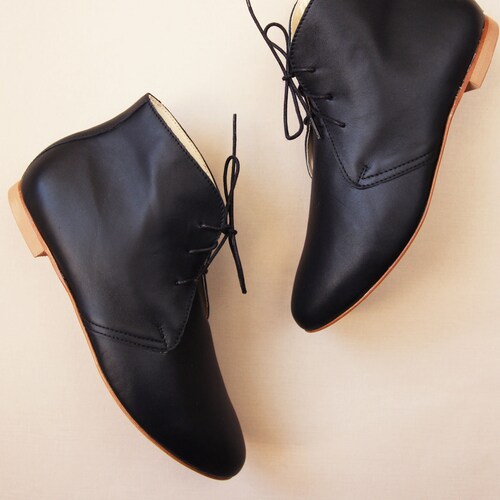 Black Leather Ankle Boots Low Heel 
